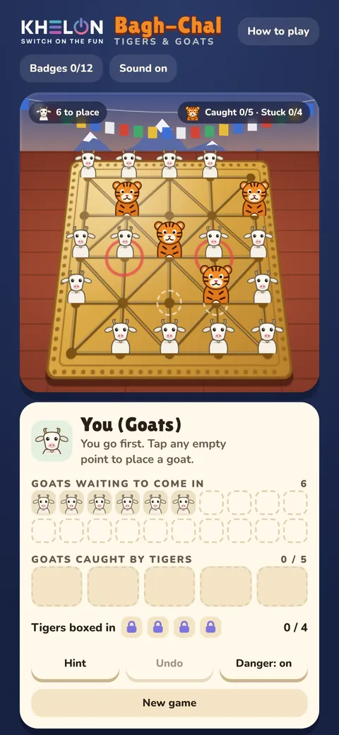 The Bagh-Chal board mid-game with goats spread across the points and tigers looking for a jump