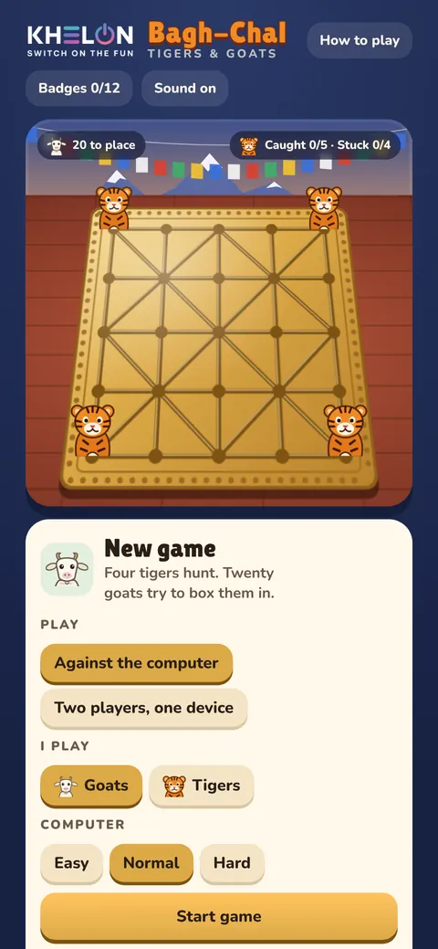 Bagh-Chal's start screen with play against the computer, two players on one device, pick a side and the computer level