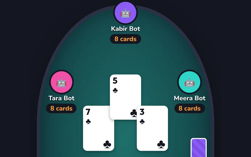 A game of Bhabhi: Kabir, Tara and Meera around a green table, with three clubs played in the middle
