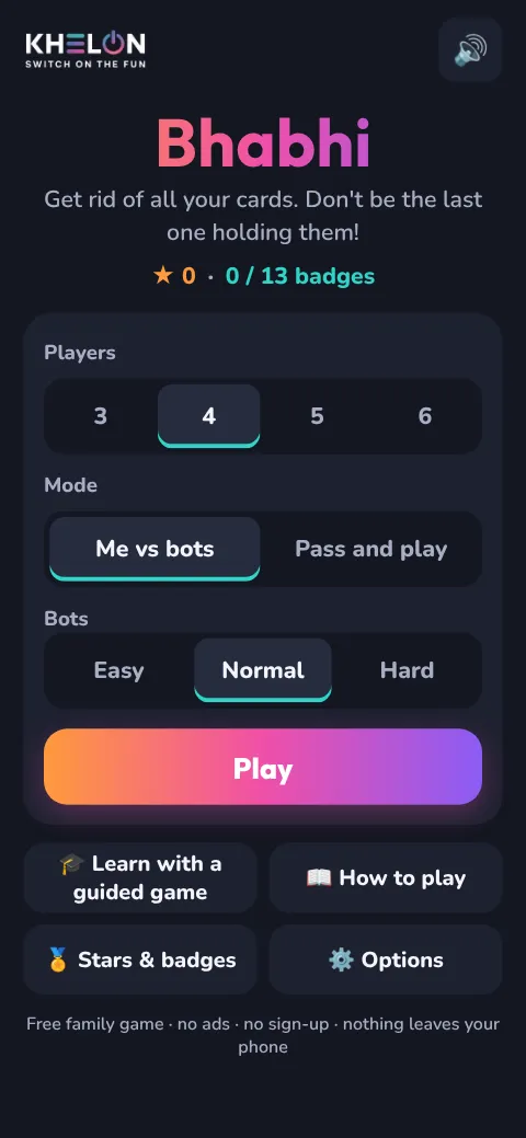Bhabhi's start screen with 3 to 6 players, me against bots or pass and play, the bot level and a guided first game