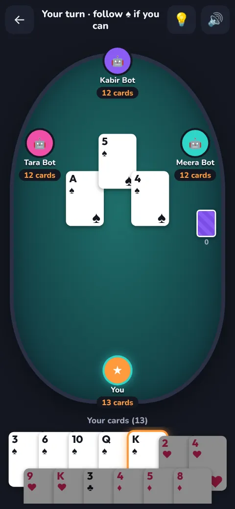 A game of Bhabhi on a phone: three bots around a green table, three spades played and the player choosing a spade to follow suit