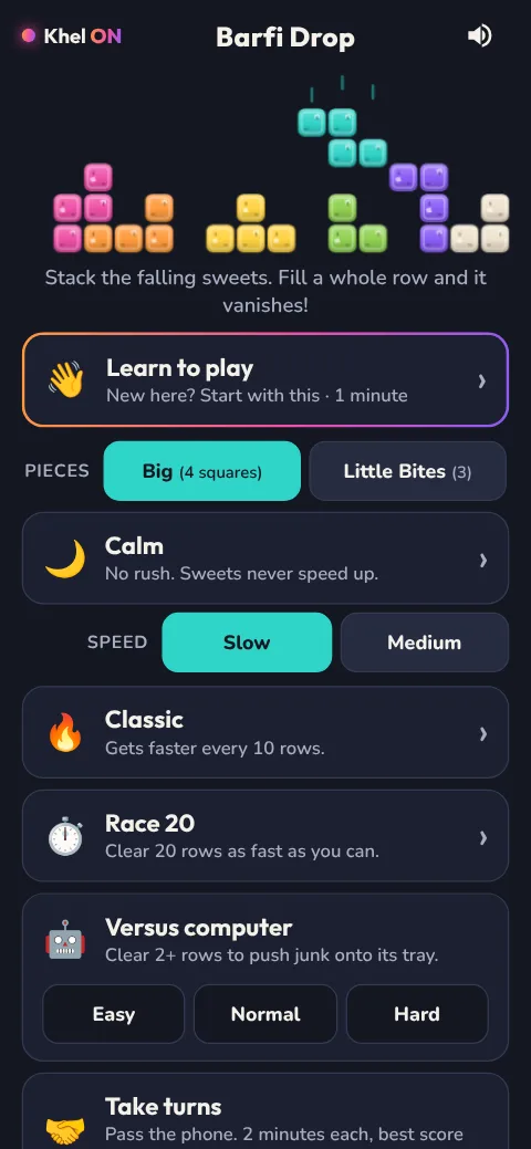 Barfi Drop's start screen with Learn to play, Big or Little Bites pieces, and the Calm, Classic, Race, Versus and Take turns modes
