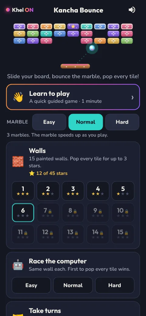 Kancha Bounce start screen with Learn to play, Easy, Normal and Hard, fifteen walls with stars, Race the computer and Take turns