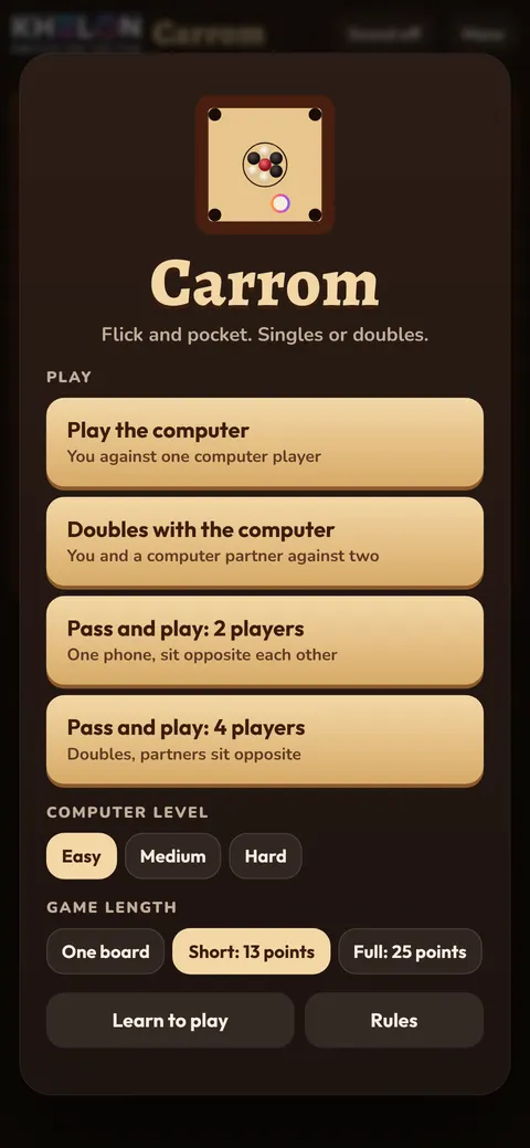 Carrom's start screen with play the computer, doubles, pass and play, computer level and game length