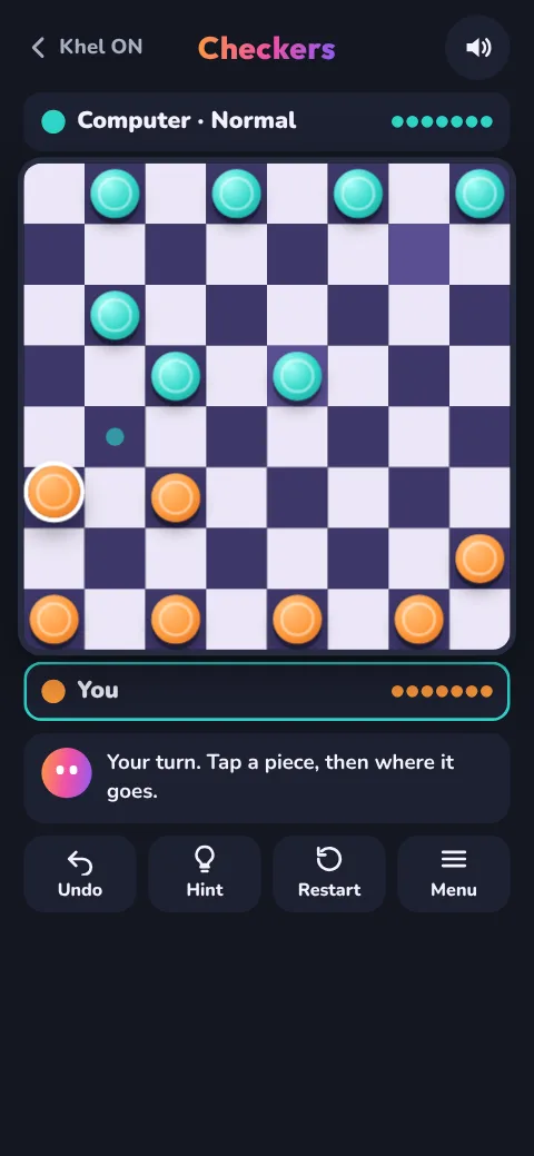 A Checkers game against the computer on Normal, with a piece selected and its moves shown