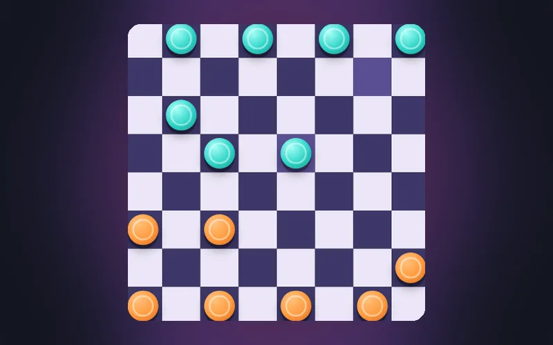 A Checkers board mid-game with orange and teal pieces on the dark squares