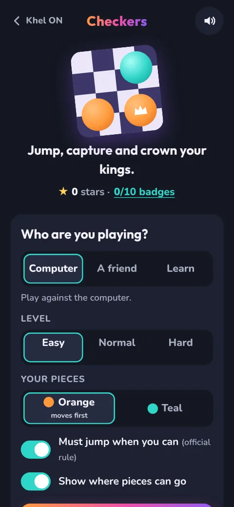 Checkers start screen with play against the computer, a friend or Learn, the level and the must-jump rule