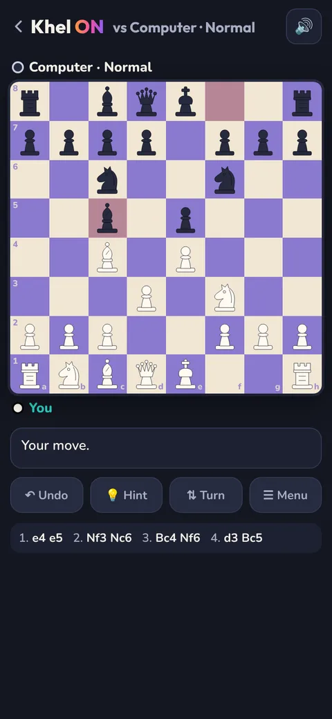 A chess game against the computer on Normal, with a knight selected and its moves shown as dots
