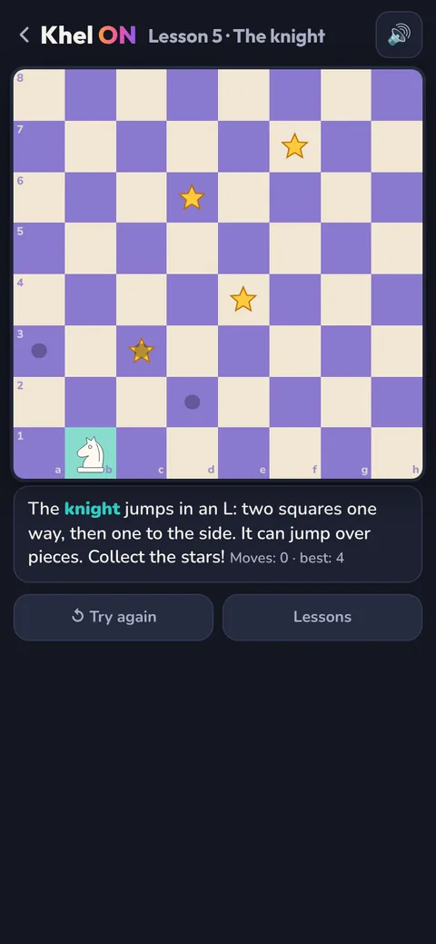 The knight lesson: a knight in the corner and four stars to collect, with the coach explaining the L-shaped move