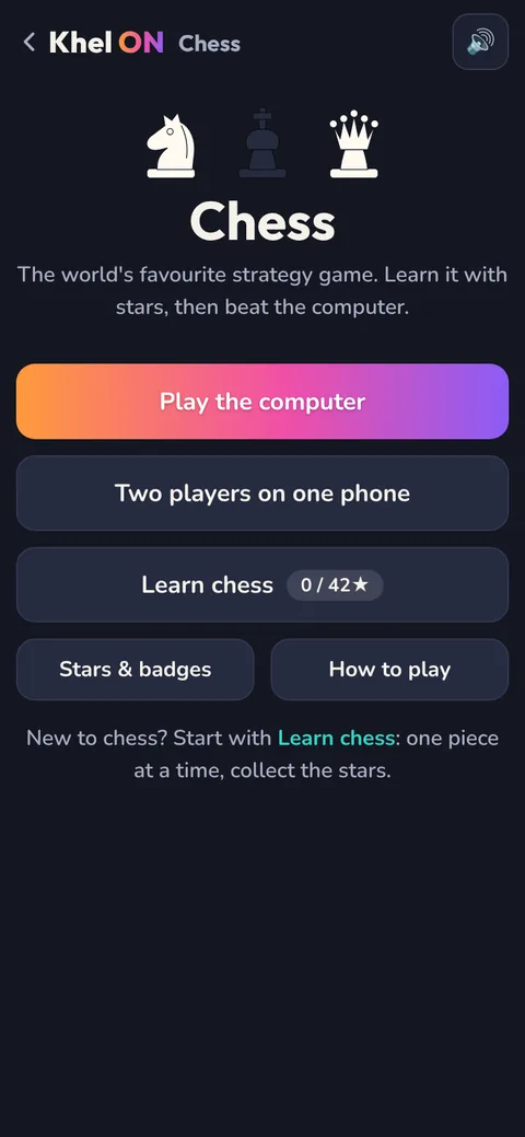 Chess start screen with Play the computer, Two players on one phone, Learn chess, and Stars and badges