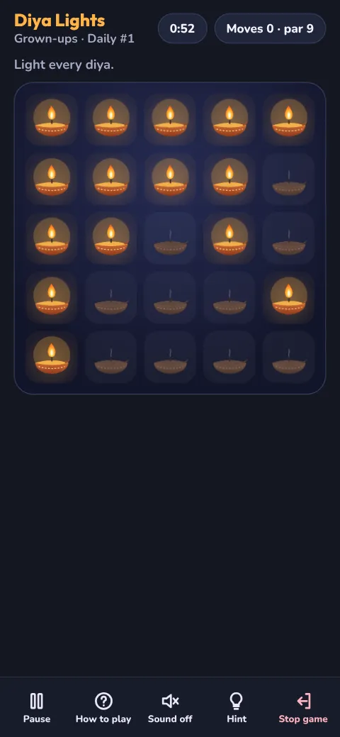 Khel ON Daily: light every diya in as few taps as you can