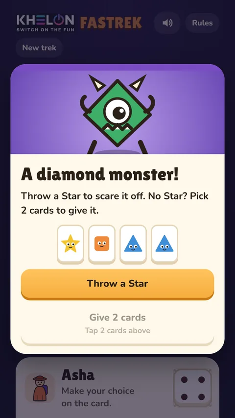 A diamond shape monster card with the choice to throw a Star or give 2 cards