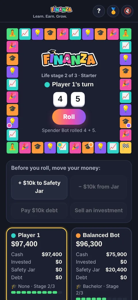 A Finanza game on a phone: a square board of Invest, Innovate, Educate and Enjoy squares around the Finanza logo, with two dice and each player's money below