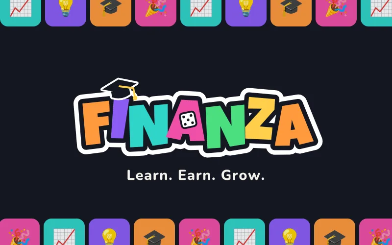 The Finanza logo with a graduation cap and a die, between rows of colourful Invest, Innovate, Educate and Enjoy squares