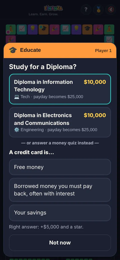 An Educate card offering two diplomas to study, or a money quiz about credit cards