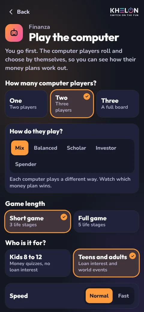 Finanza settings step: how many computer players and how they play, game length, Kids or Teens mode, and a big Start button