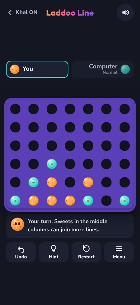 A Laddoo Line game against the computer on Normal, with the coach warning that the computer can make four