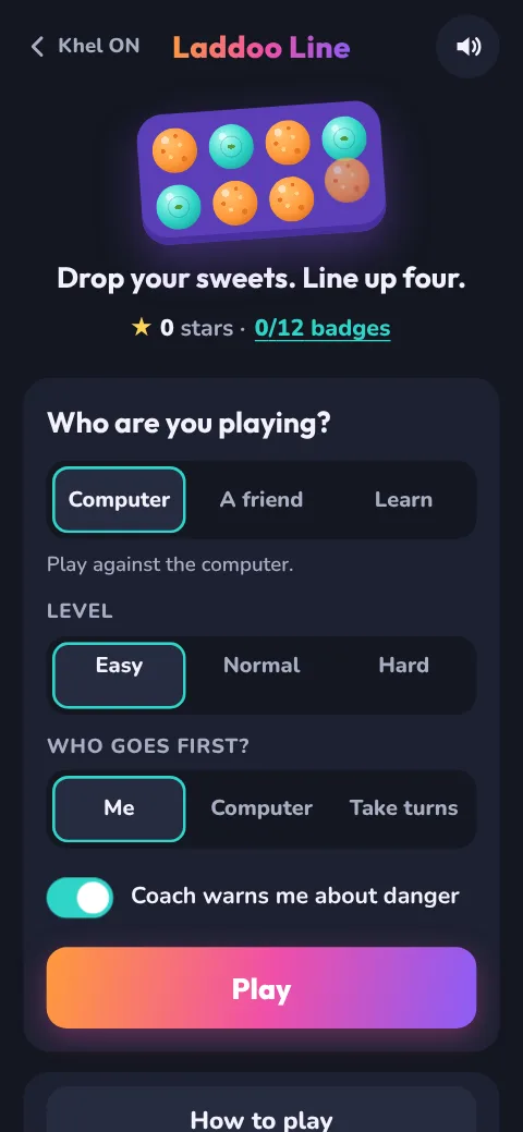 Laddoo Line's start screen with play against the computer, a friend or Learn, the level and who goes first