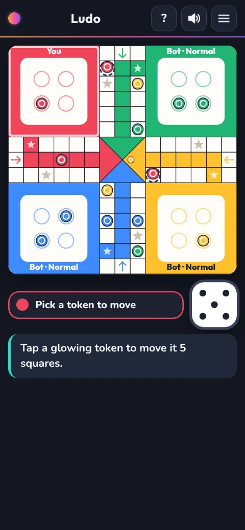 A four-player Ludo game on a phone, with two of the red tokens glowing to show they can move five squares