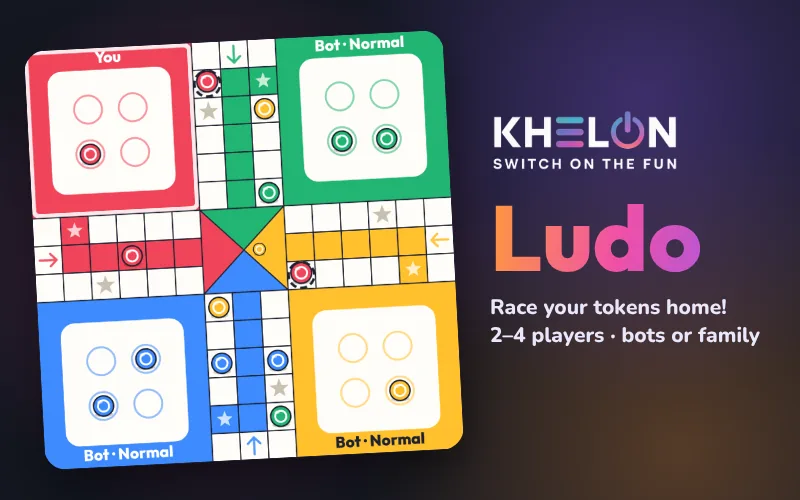 A Ludo board in red, green, yellow and blue, with tokens racing round the track