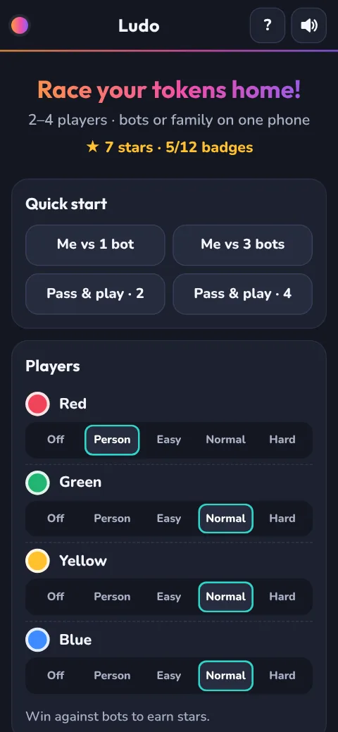 Ludo start screen with quick starts, a Person or bot level for each colour, and the house rules