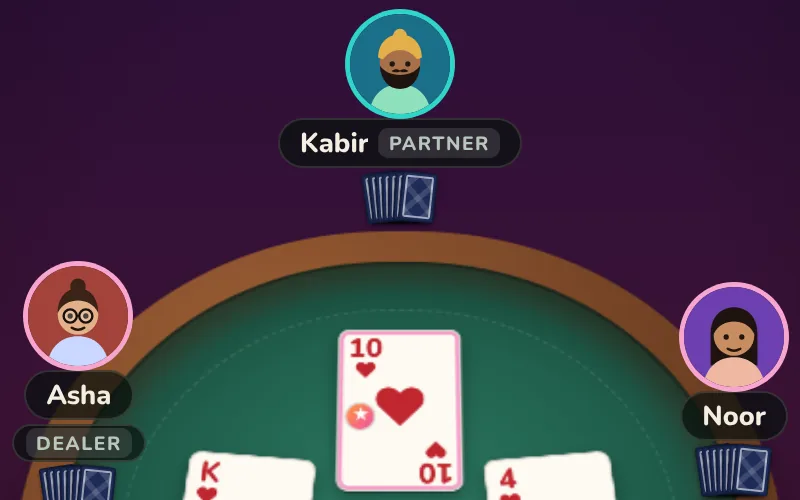 A game of Mindi: Kabir, Noor and Asha around a green table, with a ten in the middle of the table