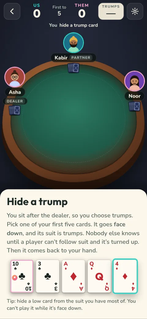 The hide-a-trump screen in Mindi, showing five cards to choose the face-down trump from