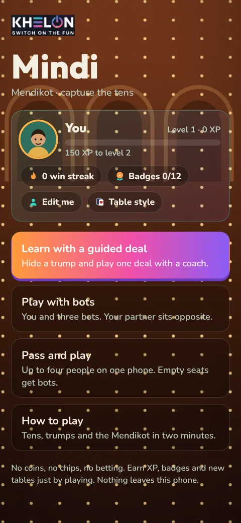 Mindi's start screen with Learn with a guided deal, Play with bots, Pass and play and How to play