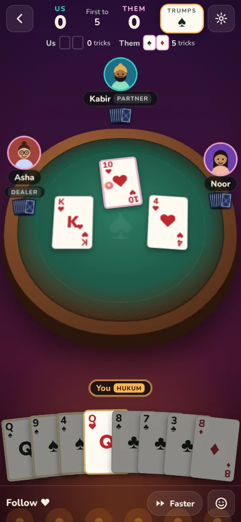 A trick in Mindi with hearts shown as trumps, a ten on the table and a full hand fanned at the bottom of the screen