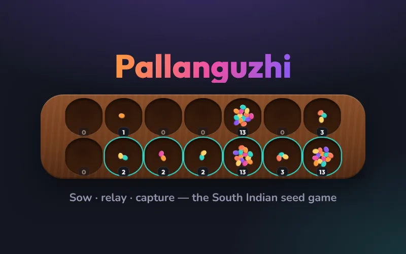 A wooden Pallanguzhi board with two rows of seven pits holding colourful seeds