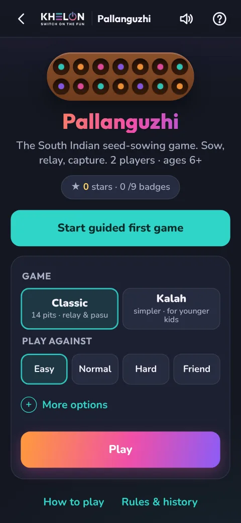 Pallanguzhi's start screen with Classic or Kalah, the computer level or a friend, and a guided first game