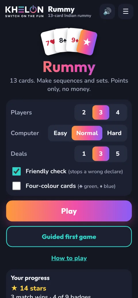 Rummy's start screen with players, computer level, number of deals, Friendly check and the guided first game