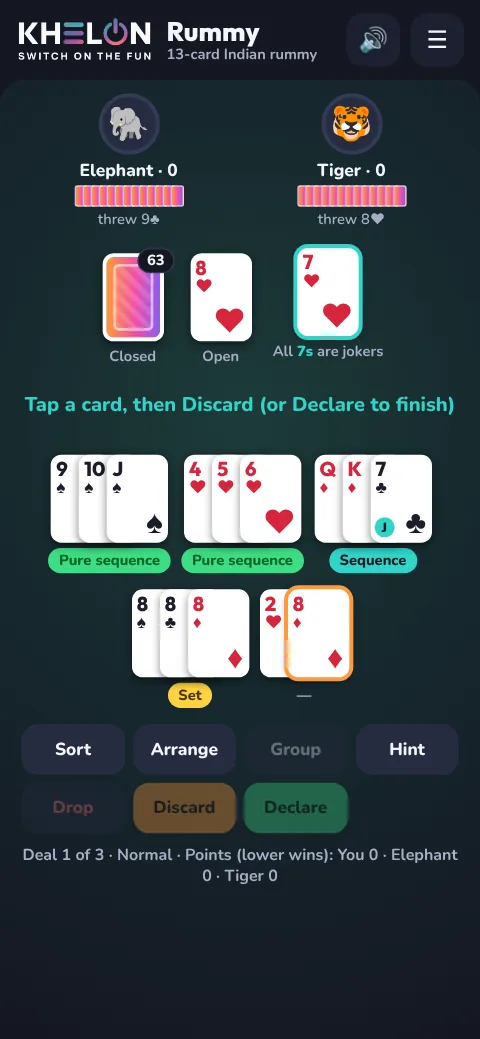 A game of Rummy on a phone: two computer players at the top, the closed and open piles with the joker card, and the player's hand sorted into a pure sequence, a sequence and sets
