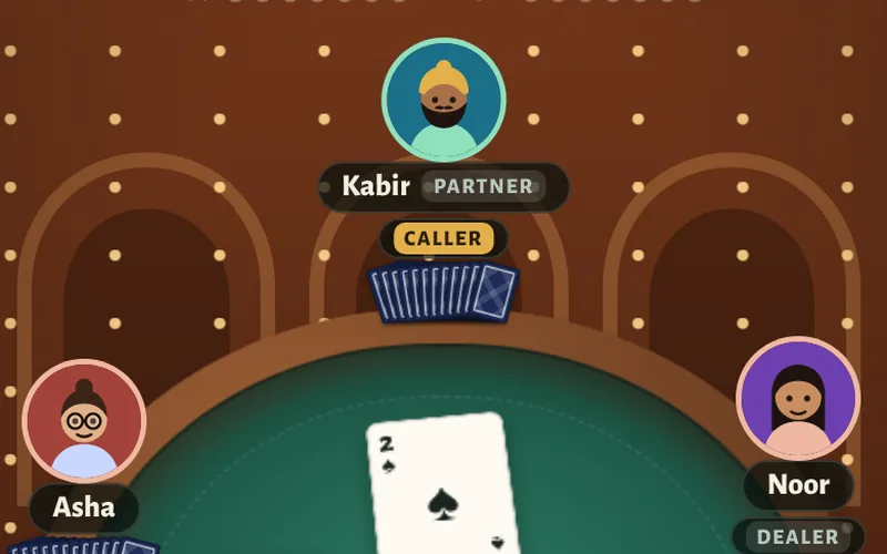 A game of Rung in the haveli courtyard room, with a two of spades and a two of diamonds on the table