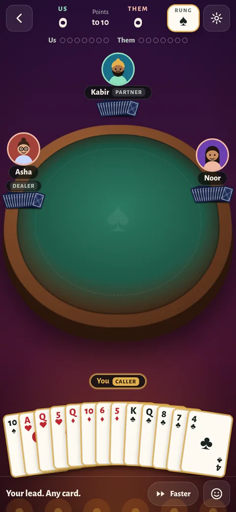 Rung in the Diwali night room with a full hand of cards fanned at the bottom of the screen
