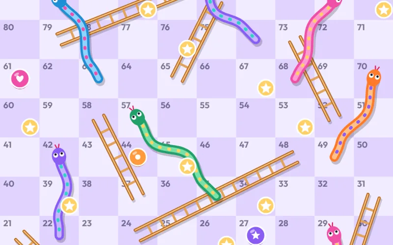 A Snakes & Ladders board with smiling snakes, wooden ladders and gold star squares