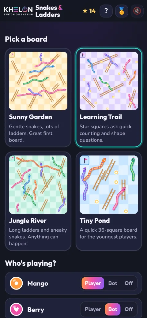 Snakes and Ladders start screen with four boards, players set to Player, Bot or Off, and the rules