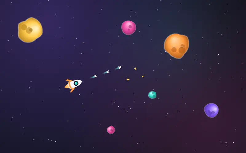 A little white rocket sending sparkles at colourful space rocks, with gold stardust floating nearby