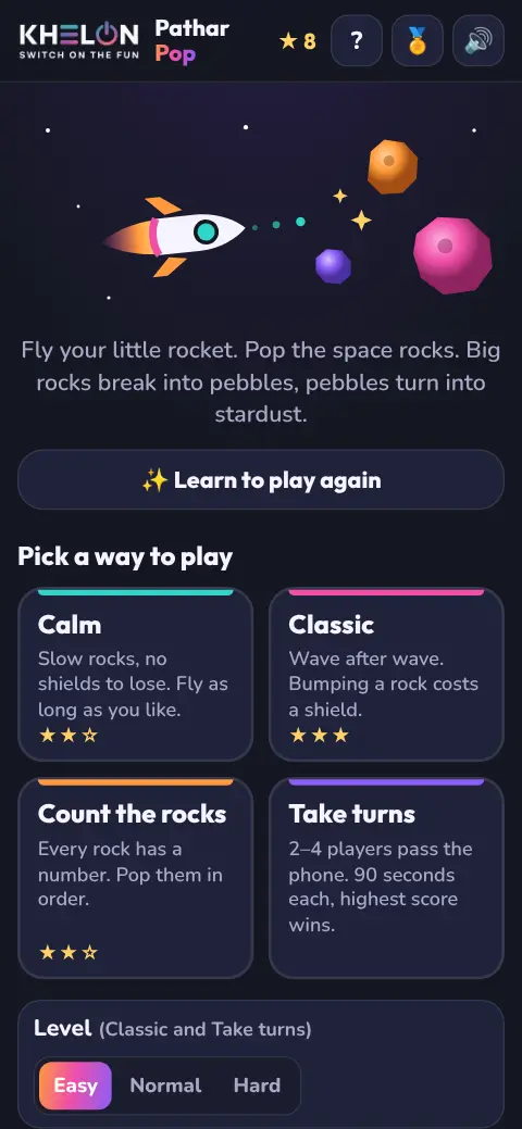 Pathar Pop's start screen with Learn to play, and the Calm, Classic, Count the rocks and Take turns modes