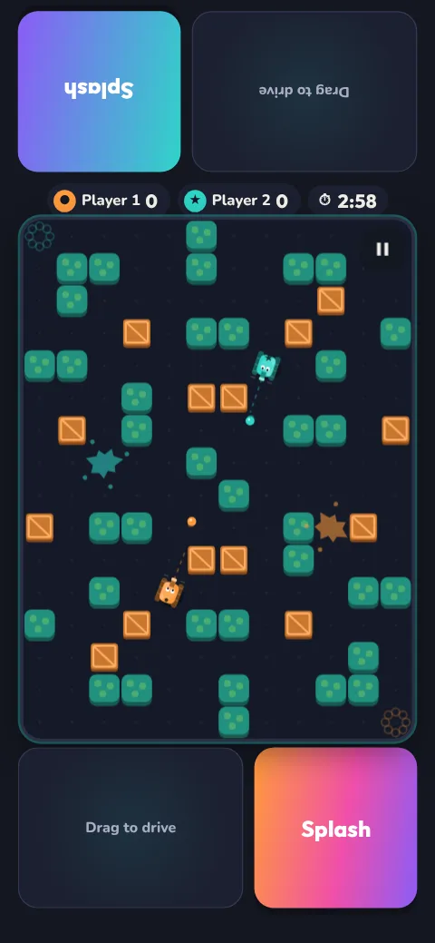 A two-player game on one phone, with a steering pad and Splash button at each end