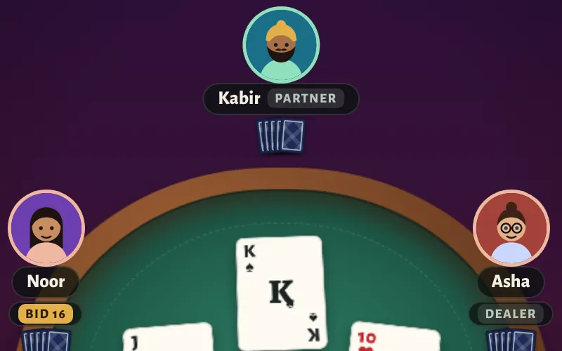 A game of Twenty-Nine: Kabir, Noor and Asha around a green table, Noor holding the bid of 16 and a King of spades in the middle