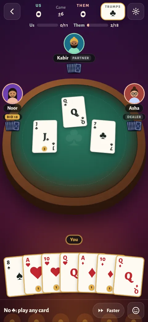 A trick in progress with clubs shown as trumps and a full hand fanned at the bottom of the screen